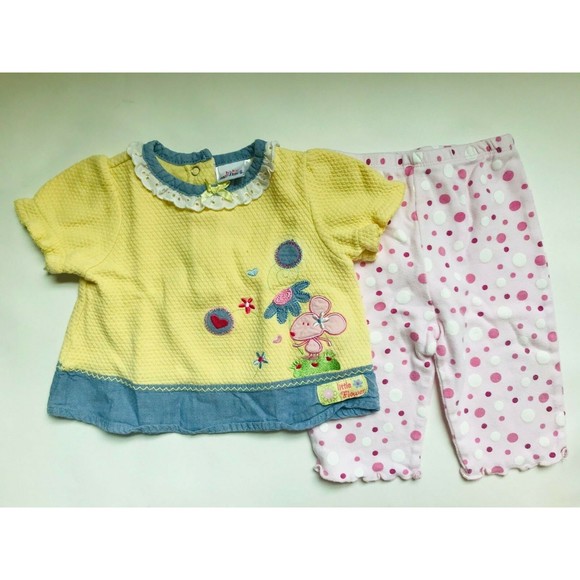 Girl's Size 6M 3-6 Months Two Piece Yellow Floral & Mouse Top & Polka Dot Pants - Picture 1 of 9